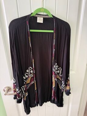 Knox Rose Black Embroidered Open Front Cardigan with Multicolor Trim